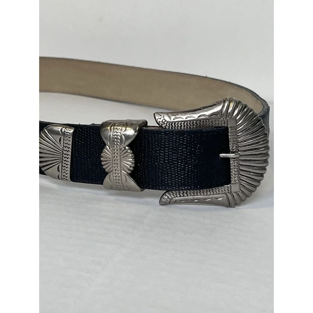 Belt Small‎ Black & Silver  M.A. Logo Buckle Black Faux Tectured Leather